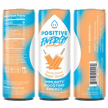 Positive Energy Beverage Poppin' Orange | 12-oz Can, Pack of 12 | Zero Sugar Energy Drink, Supports Immunity and Hydration