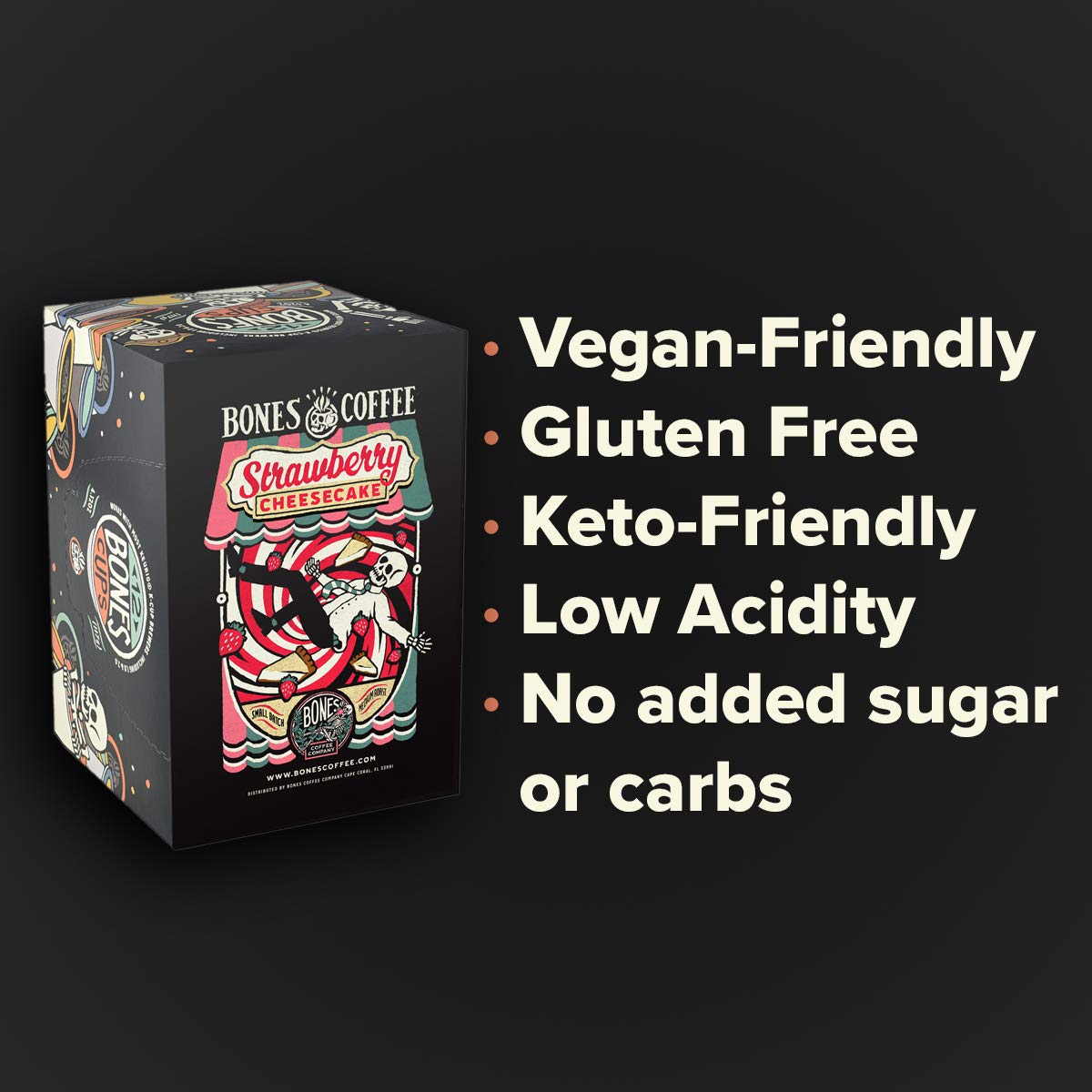 Bones Coffee Company Strawberry Cheesecake Flavored Coffee Pods, Low Acid Medium Roast Single-Serve Bones Cups, Compatible With 1.0 & 2.0 K-Cups Malt-Inspired Coffee Maker, 12 Count