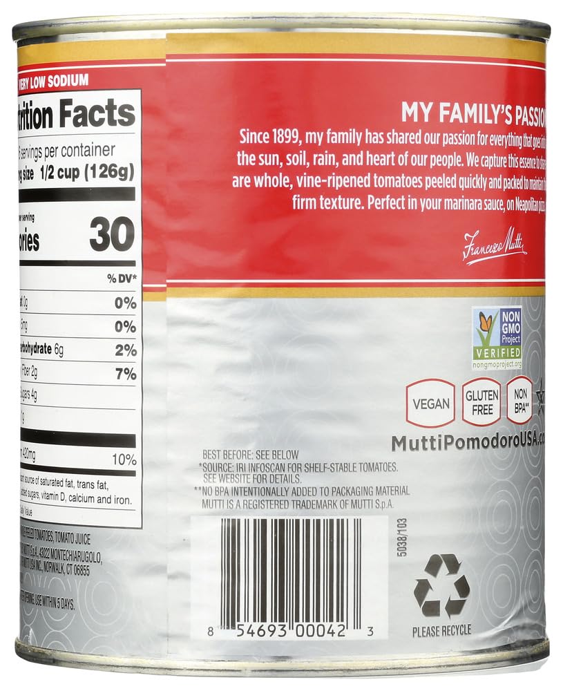 Mutti Whole Peeled Tomatoes (Pelati), 28 oz. | 12 Pack | Italys #1 Brand of Tomatoes | Fresh Taste for Cooking | Canned Tomatoes