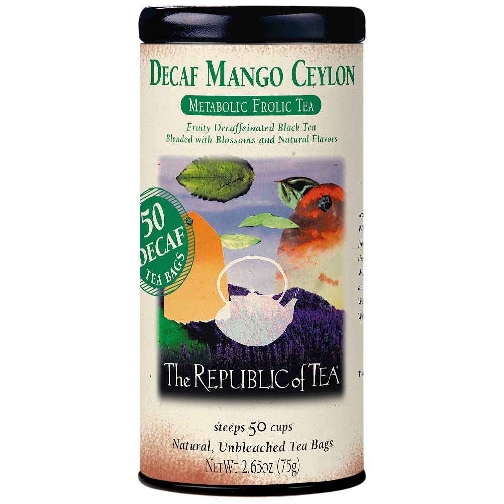 The Republic of Tea Decaf Mango Ceylon Black Tea Tin, 50 Tea Bags, Environmentally-Friendly, Pack of 1