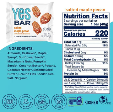 The YES Bar Salted Maple Pecan Plant Based Protein Snack Bar 24 Count Vegan Gluten Free Low Sugar Keto Friendly