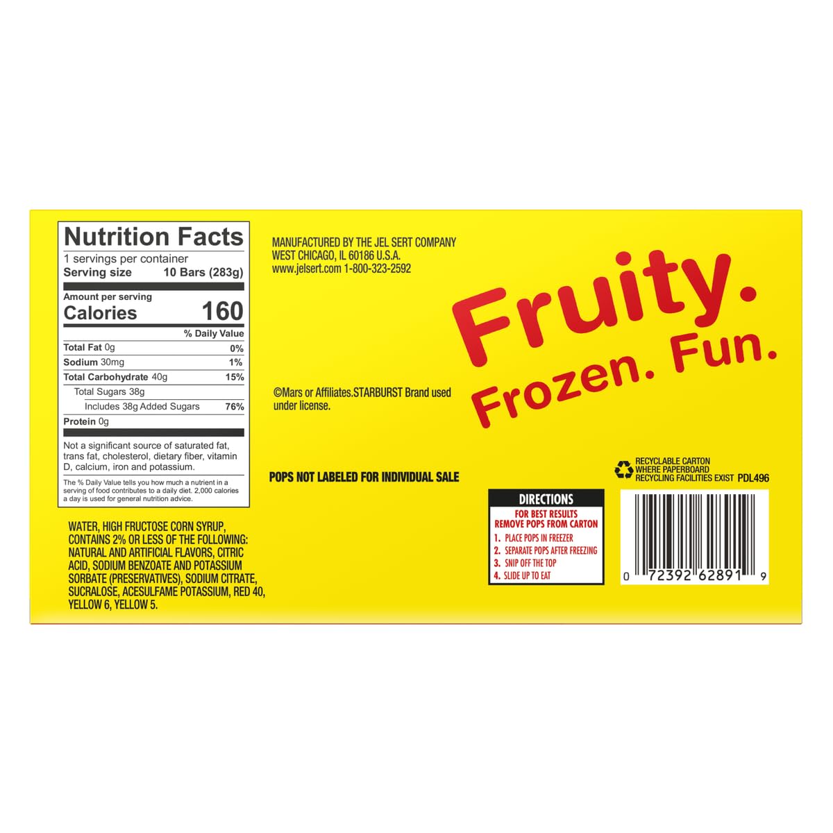 The Jel Sert Company Star Burst Freezer Pops - Pack Of 2-10 Freezer Pops In A Box - 20 Total - Cherry, Lemon, Strawberry, And Or