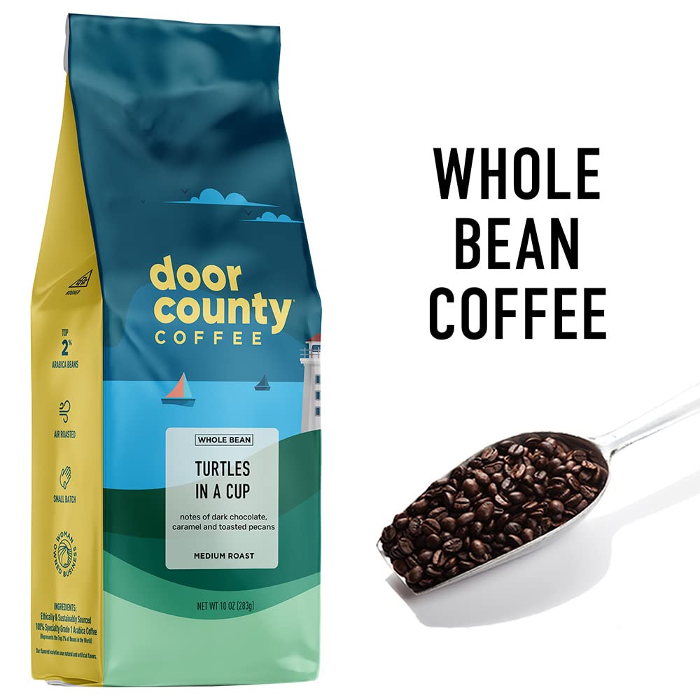 Door County Coffee Turtles In A Cup Flavored Coffee Whole Bean | 10 Oz Bag | Medium Roast | 100% Specialty Arabica Coffee | Flavored Gourmet Coffee | Turtles In A Cup