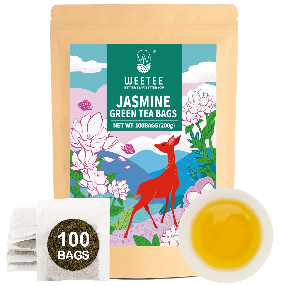 WT WEETEE Jasmine Green Tea Bags, 100 Count Jasmine Scented Green Tea, Refreshing & Relaxing, No Artificial Flavors | Resealable