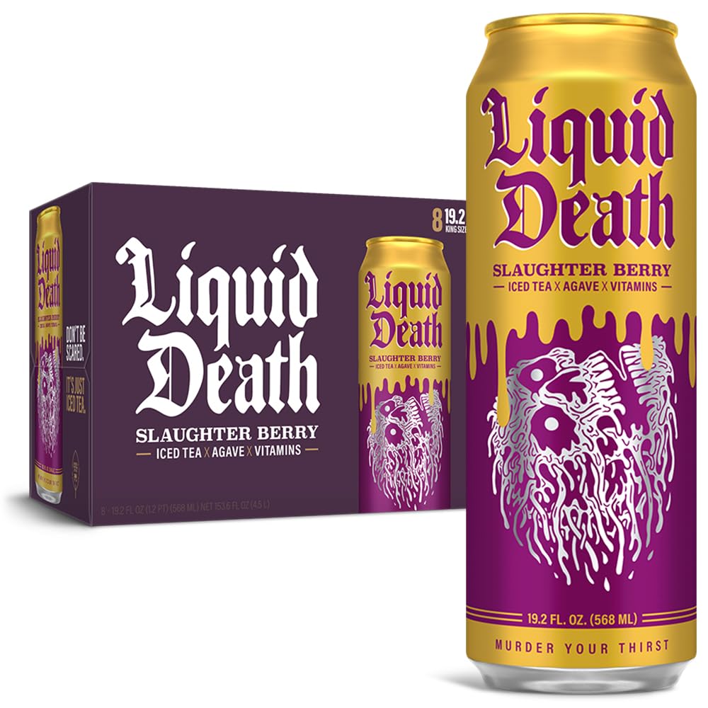 Liquid Death Slaughter Berry Iced Tea, Raspberry Black Tea, Low Calorie, 8-Pack (19.2oz Cans)