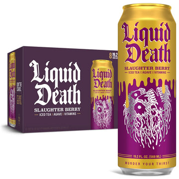 Liquid Death Slaughter Berry Iced Tea, Raspberry Black Tea, Low Calorie, 8-Pack (19.2oz Cans)