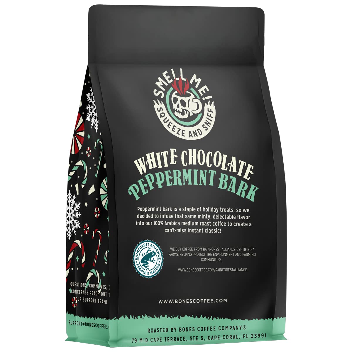 Bones Coffee Company White Chocolate Peppermint Bark Flavored Coffee  Medium Roast Low Acid Arabica Beans Compatible with Auto drip and French Press Coffee Maker  12 Oz Ground