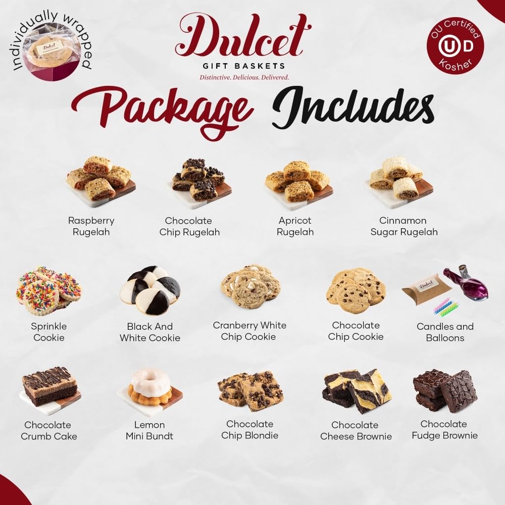 Dulcet Gift Basket Happy Birthday Party Gift Package In Tin With Balloons, Candles -Birthday Cake Great Gift For Men, Women, Him, Her, Mom, Dad, Friends & Family