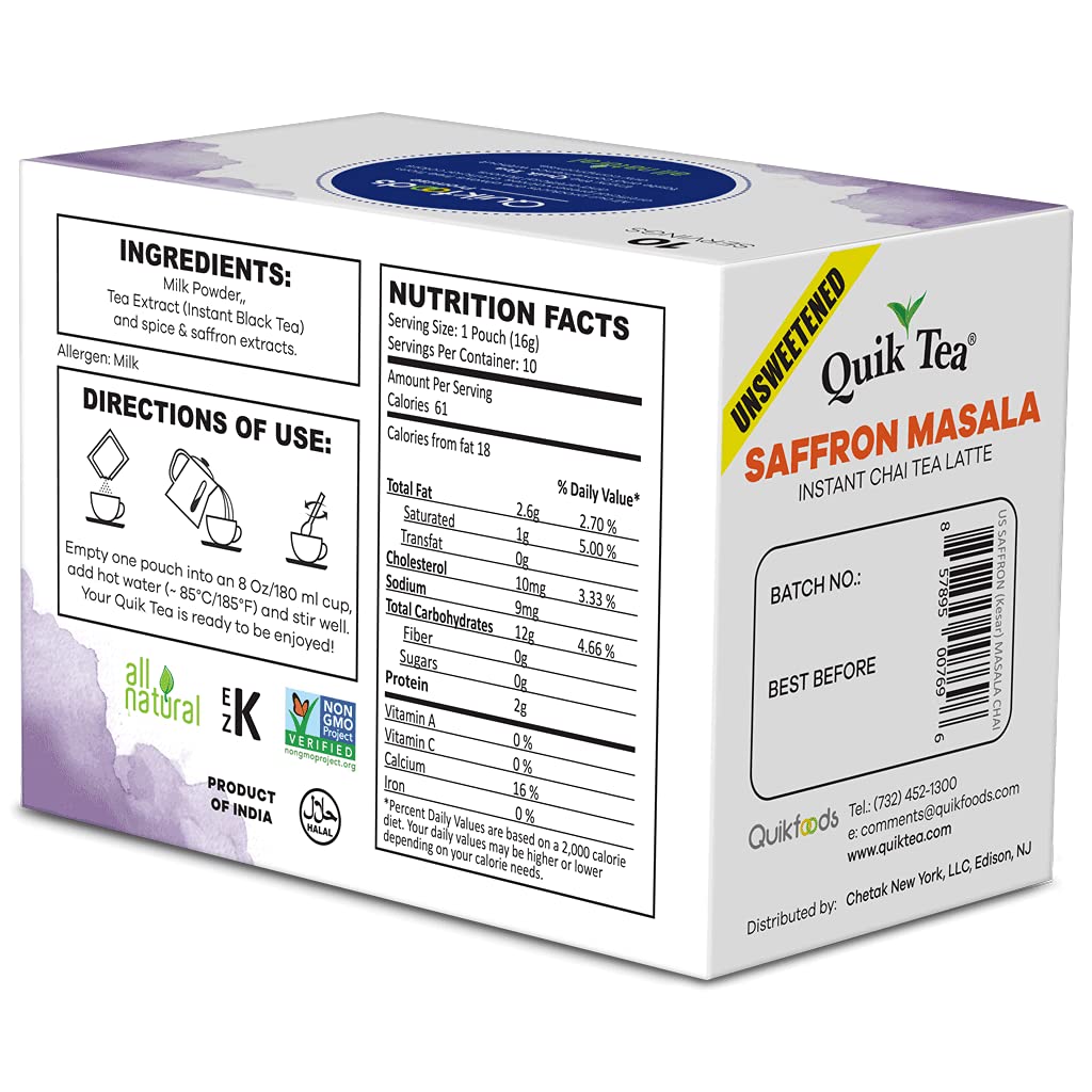 Quiktea Unsweetened Saffron Masala Chai Tea Latte Powder- 10 Count Single Box - All Natural Sugar Free Instant Chai Tea Mix- Jus