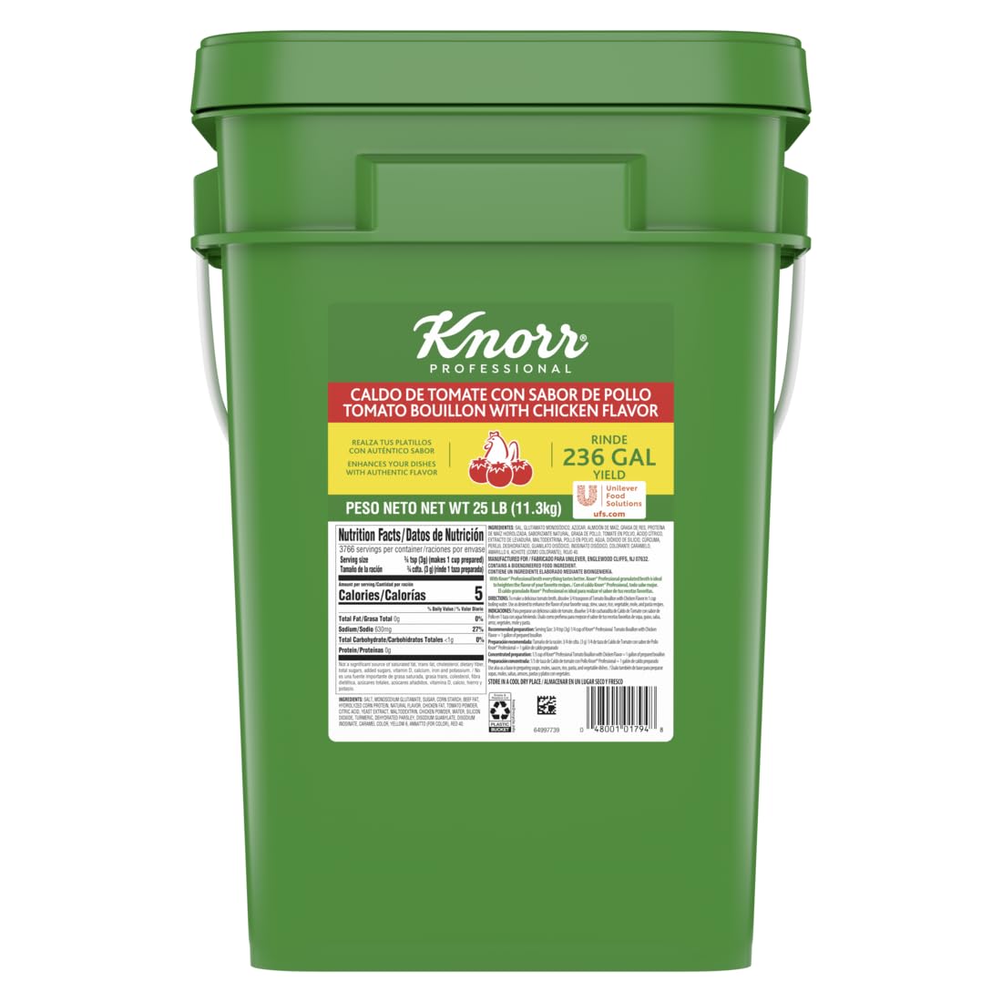 Knorr Professional Caldo de Tomate  Tomato Bouillon with Chicken Flavor Granulated Base  Bouillon as a Base  Marinade  Flavor Enhancer  Shelf Stable Convenience  236 Gallon Yield  25 lbs (Pack of 1)