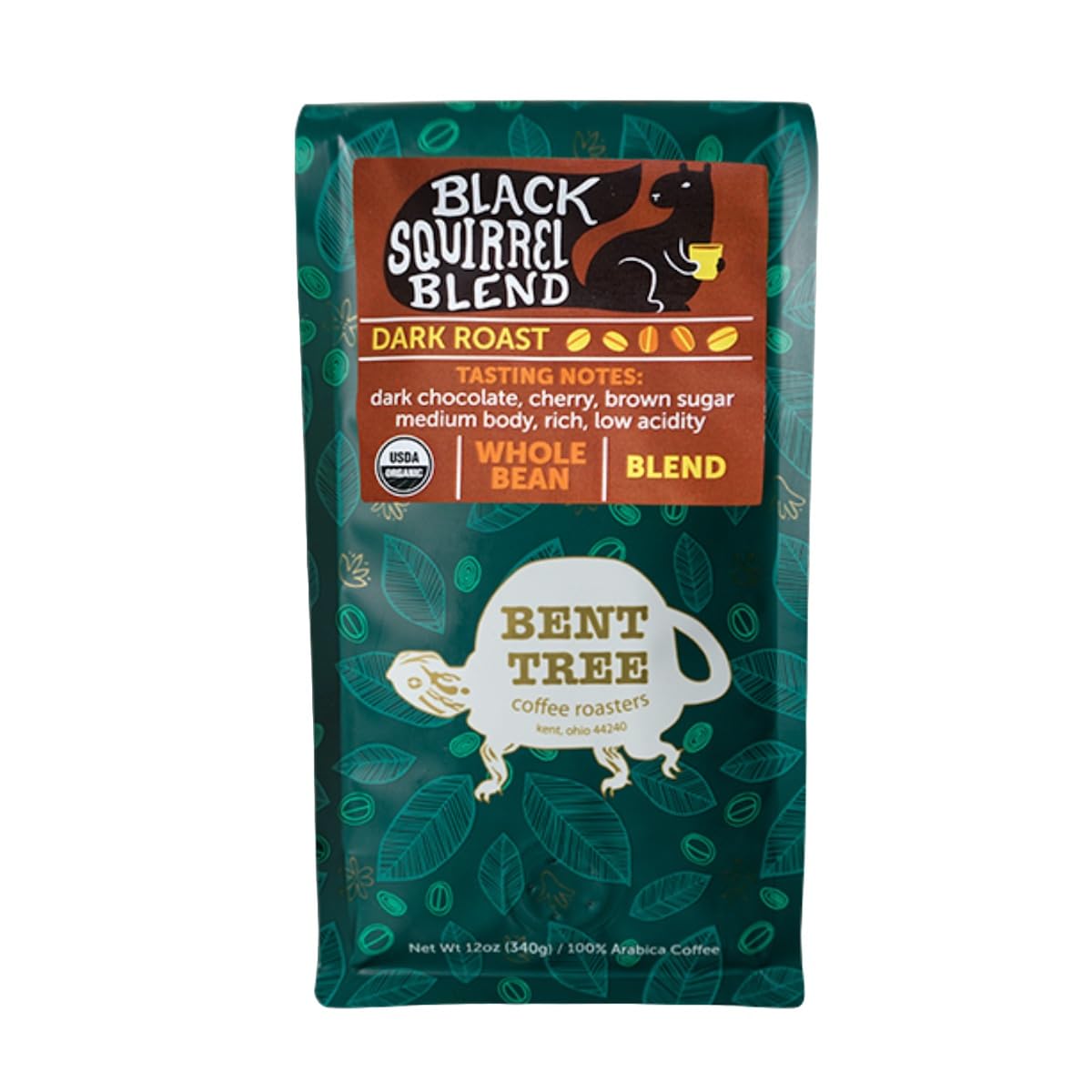Bent Tree Coffee Roasters Organic Coffee, 12oz (Black Squirrel Blend), Whole Bean Coffee, Dark Roast, USDA Organic, Medium Body,