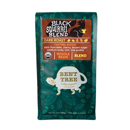Bent Tree Coffee Roasters Organic Coffee, 12oz (Black Squirrel Blend), Whole Bean Coffee, Dark Roast, USDA Organic, Medium Body,