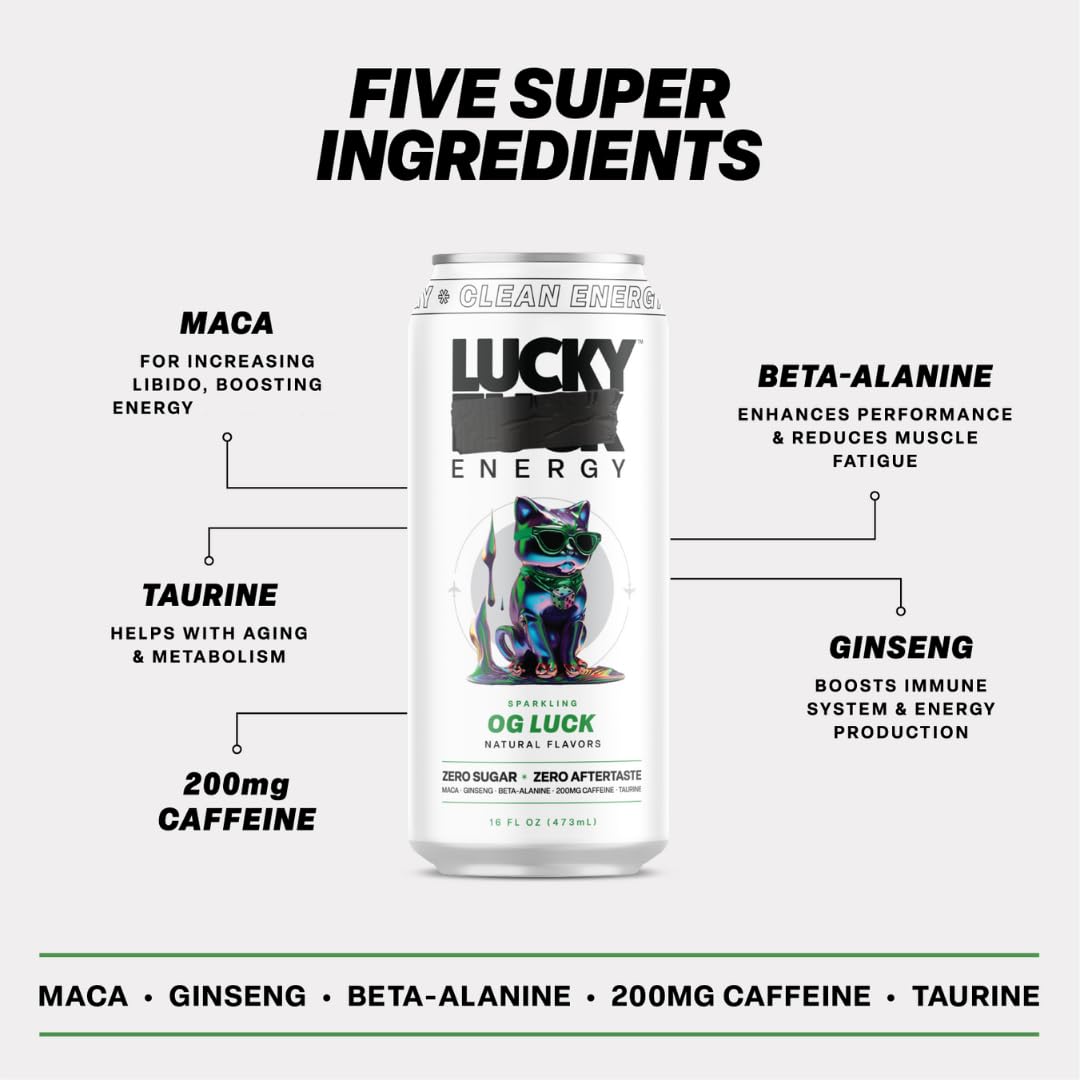 Lucky Energy Sugar Free Energy Drink, 16oz Cans, 12-Pack, Zero Sugar, with Maca, Ginseng, Beta-Alanine, 200mg Caffeine