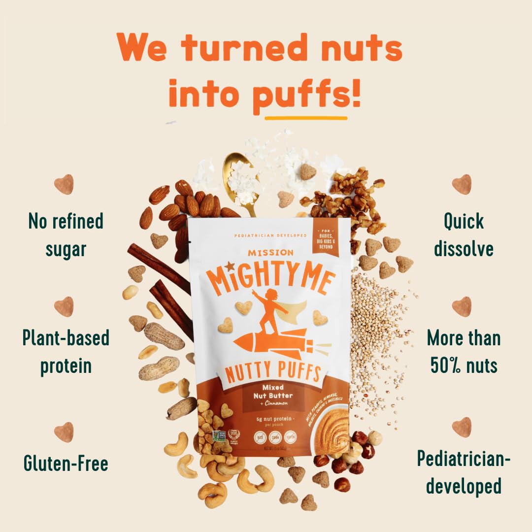 Mission Mighty Me Nutty Puffs Mixed Nut Butter Puffs for Babies + Kids - Pediatrician Developed  Plant-Based Gluten-Free Baby Snack - Peanut  Tree Nut  Cinnamon (6 Pack - 5 Pack Plus Peanut Sample)