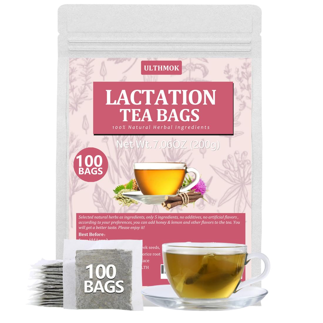 Top-Grade 100 Lactation Support Tea Bags  For Mothers Nursing Milk & Mom Breastfeeding  Made With 5 Natural Herbs  Fenugreek  Milk Thistle  Fennel Seeds  Nettle Leaves  Licorice Root  No Artificial Flavors & Energy Blend Free.