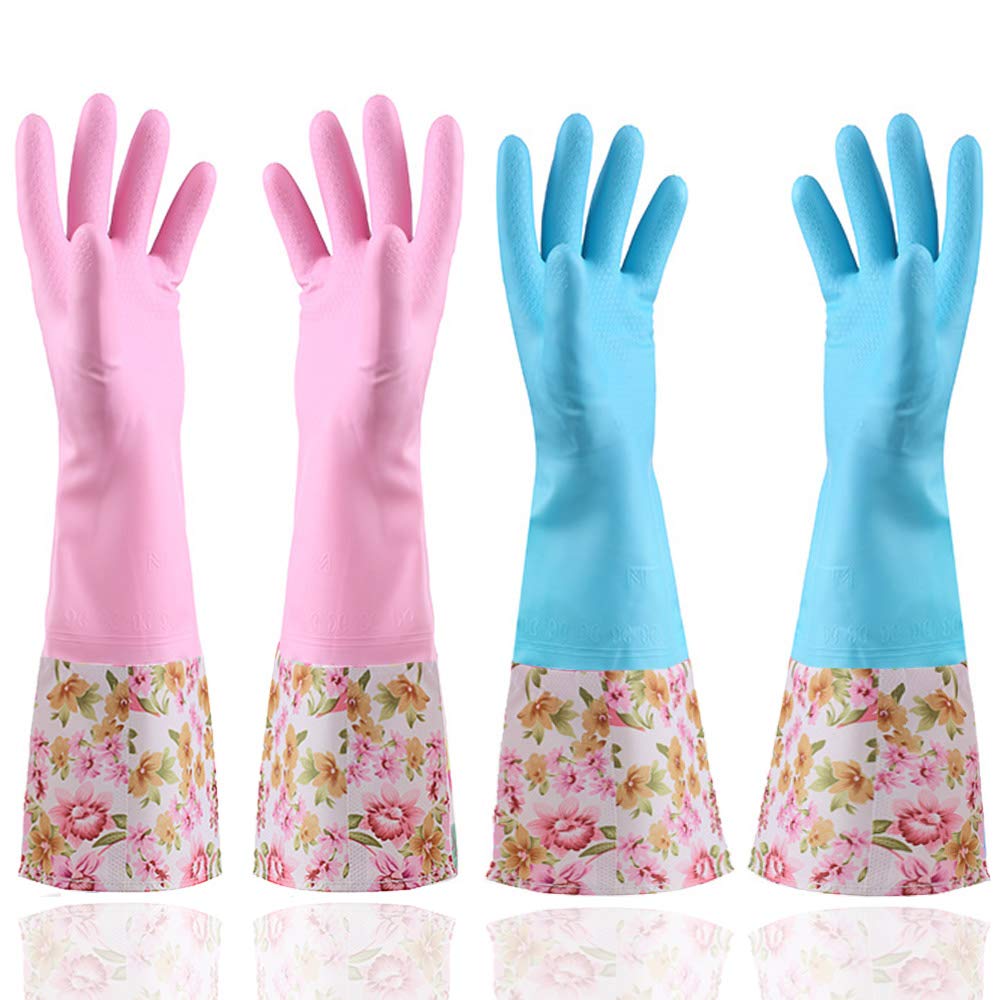 Kingfinger Rubber Latex Waterproof Dishwashing Gloves,2 Pair Large Long Cuff And Flock Lining Household Cleaning Gloves
