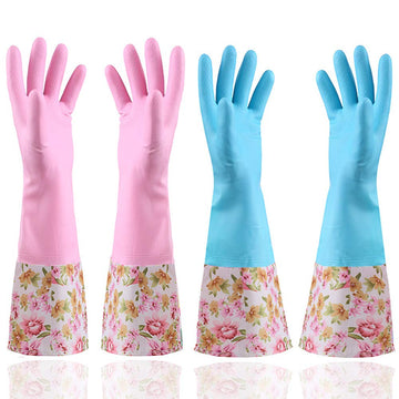 Kingfinger Rubber Latex Waterproof Dishwashing Gloves,2 Pair Large Long Cuff And Flock Lining Household Cleaning Gloves