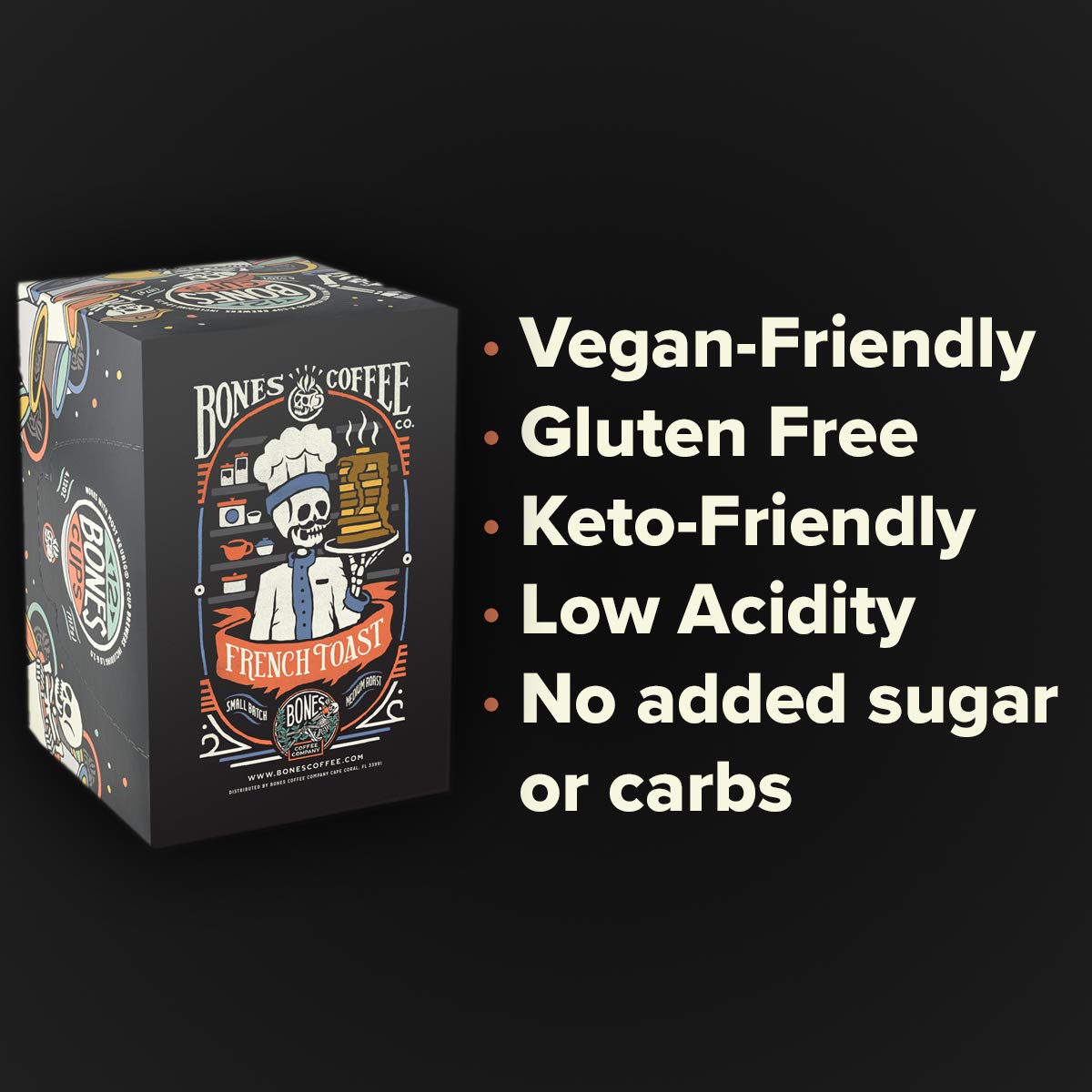 Bones Coffee Company Flavored Coffee Bones Cups French Toast | 12Ct Single-Serve Coffee Pods Compatible With 1.0 & 2.0 Keurig Coffee Maker | Sweet Buttery Flavor Aroma