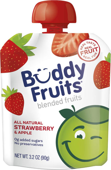 Buddy Fruits Snacks To Go Strawberry Unsweetened Applesauce 3.2Oz Pouch (18Pk) Gluten-Nut-Dairy-Preservatives-Bpa Free, Non Gmo,