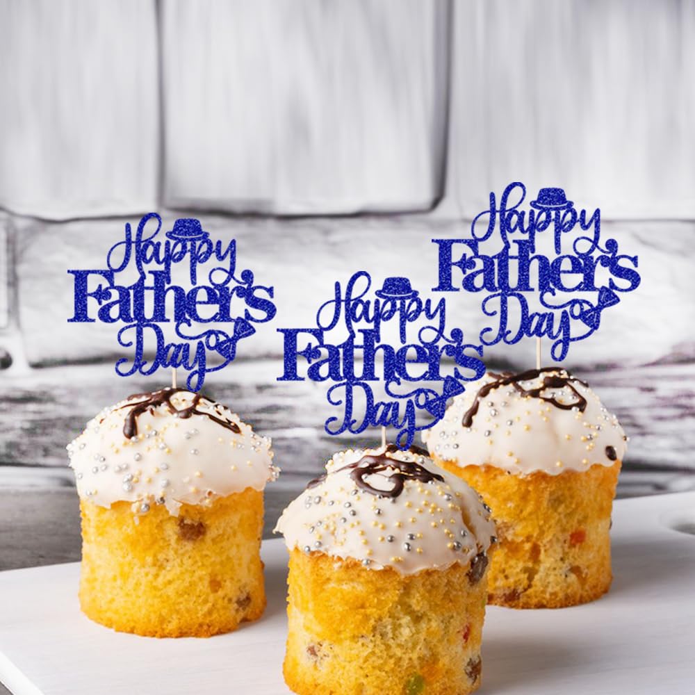Keoysek 12Pcs Happy Father'S Day Cake Toppers Glitter Cupcake Topper Blue Cake Decoration For Father'S Day Party Supplies Dad Ca