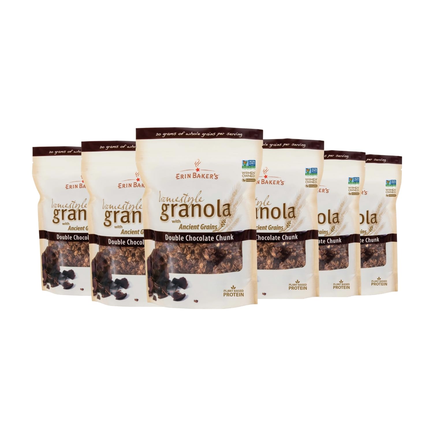 Erin Bakers Homestyle Granola Cereal with Ancient Grains, Double Chocolate - Made from Natural Ingredients, Source of Plant-Based Protein - Vegan Friendly, Non-GMO, 12oz Bags, 6-Pack
