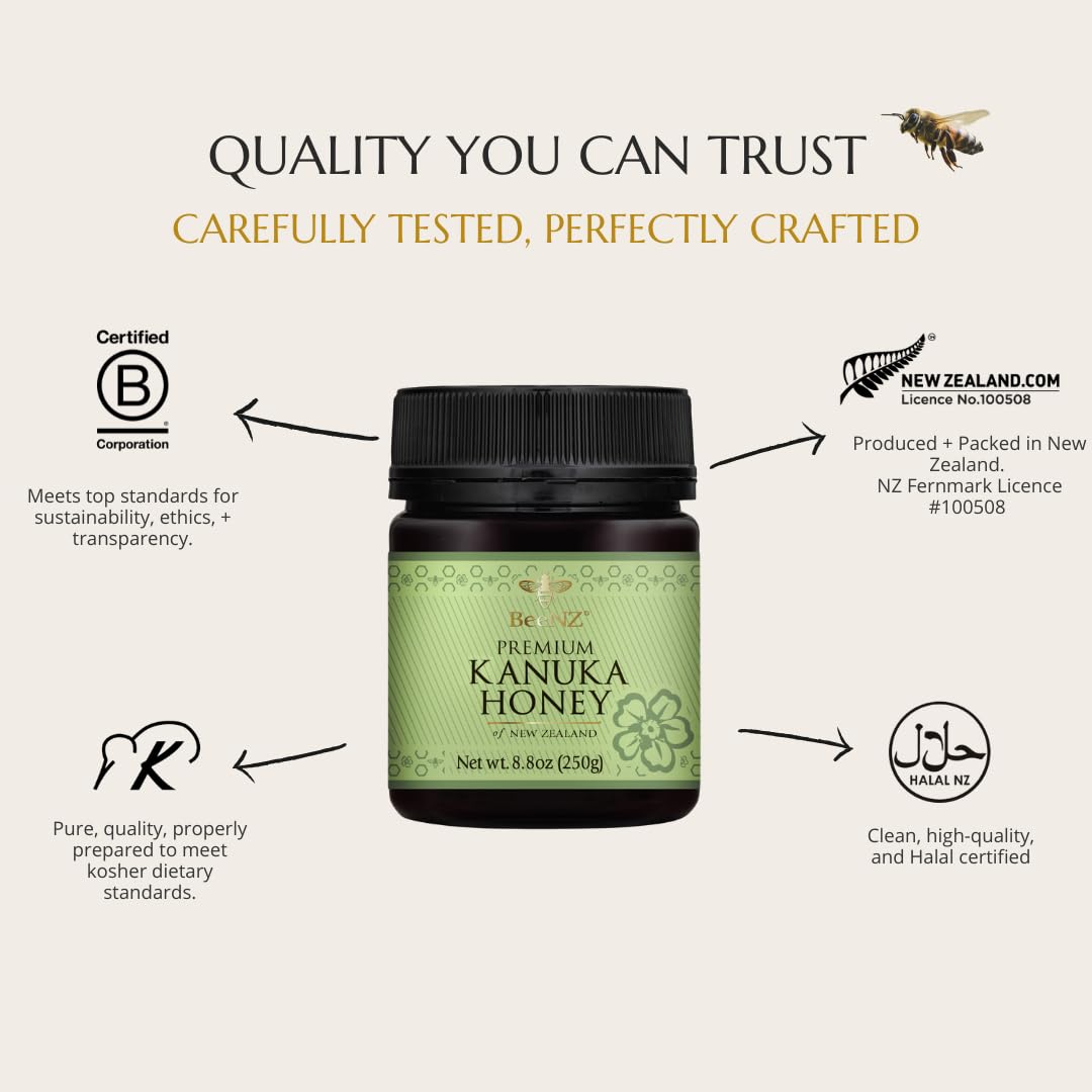 BeeNZ Raw Kanuka Honey - Pure New Zealand Monofloral Kanuka Honey, Natural Sweetener & Superfood for Wellness, Skin Care, and Go