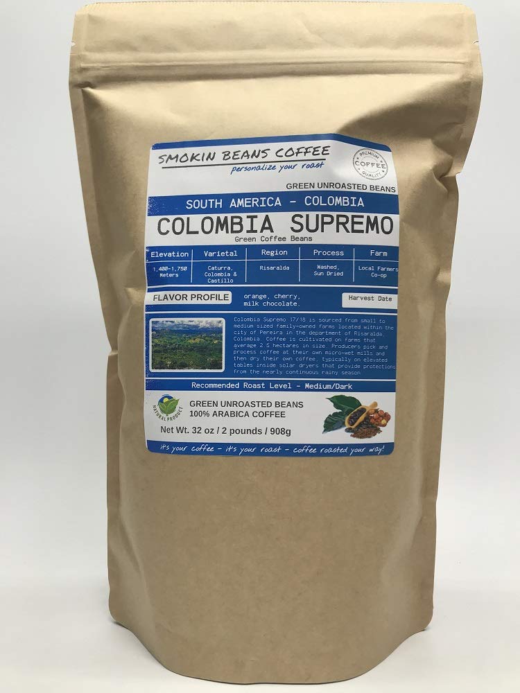 Smokin Beans 2-Pound Colombia Supremo Unroasted Green Arabica Coffee Beans Specialty Grade