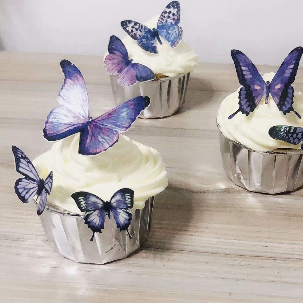 CHOCKACAKE 36pcs Edible Butterfly Cupcake Toppers Wafer Paper Decorations Purple