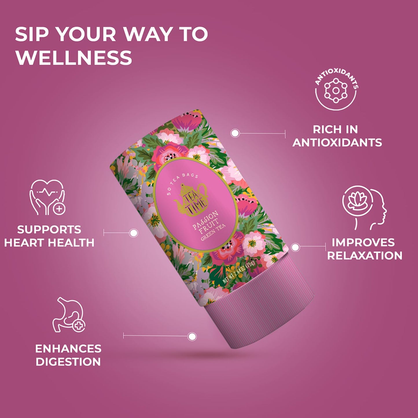 LIFE PLUS STYLE GOURMET Passion Fruit Green Tea - Organic Ceylon Tea, 50 Bags, Healthy Digestion, Refreshing Hot or Cold