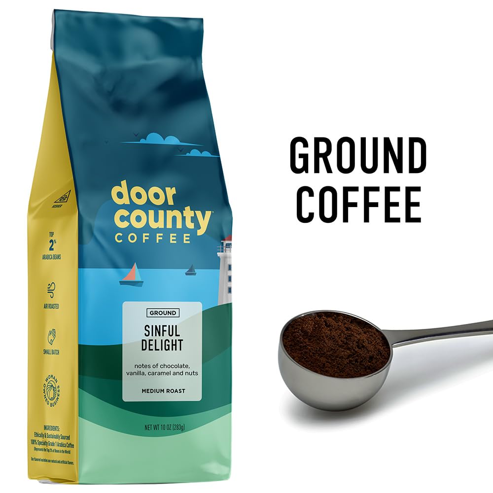 Door County Coffee Sinful Delight Flavored Coffee Ground | 10 Oz Bag | Flavored Ground Coffee Medium Roast | 100% Specialty Arab