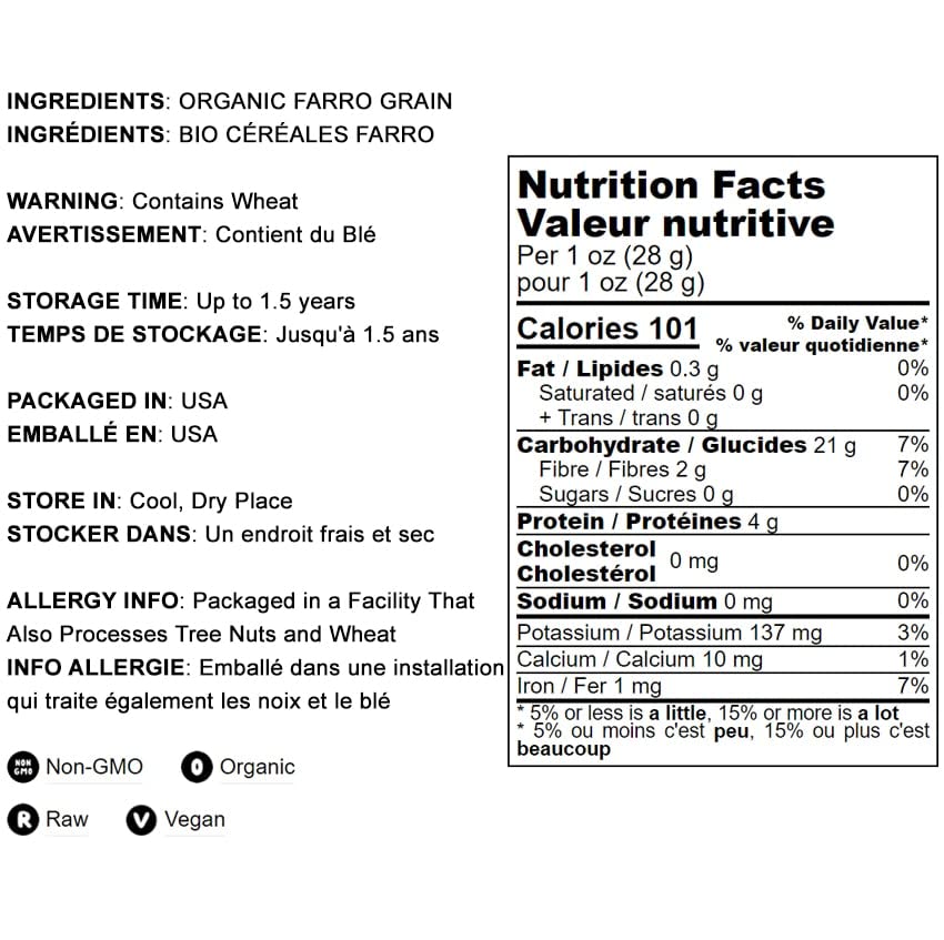 Food To Live Organic Italian Steel Cut Farro, 1.5 Pound - Non-Gmo, Cracked Pearled Wheat Grain, Non-Irradiated, Vegan, Bulk. Eas