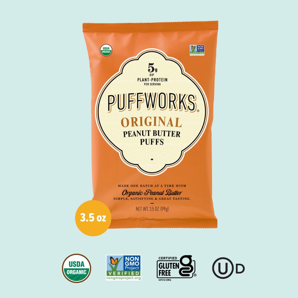 Puffworks Original Organic Peanut Butter Puffs, Plant-Based Protein Snack, Gluten- And Rice-Free, Vegan, Kosher, 3.5 Ounce (Pack