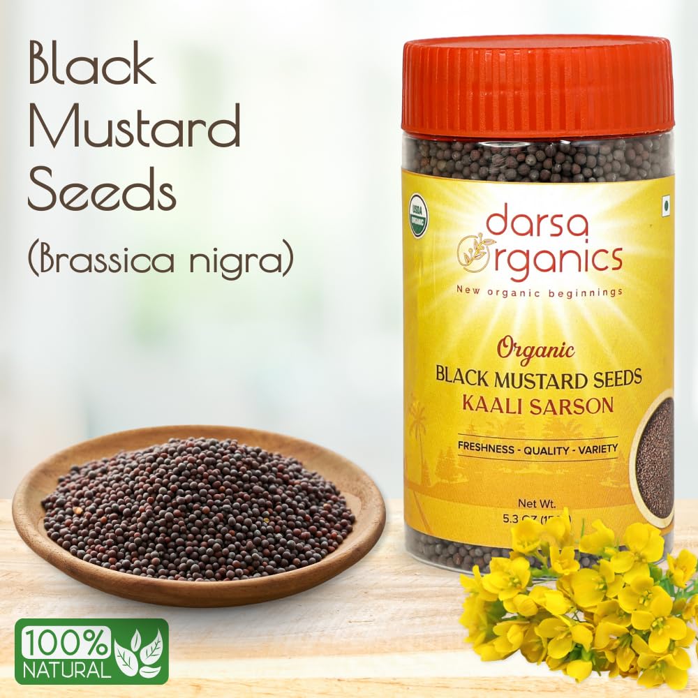 Darsa Organics Black Mustard Seeds 5.3 Oz - Organic Black Mustard Seeds For Pickles, Curries, & Spice Blends, Usda Certified, No