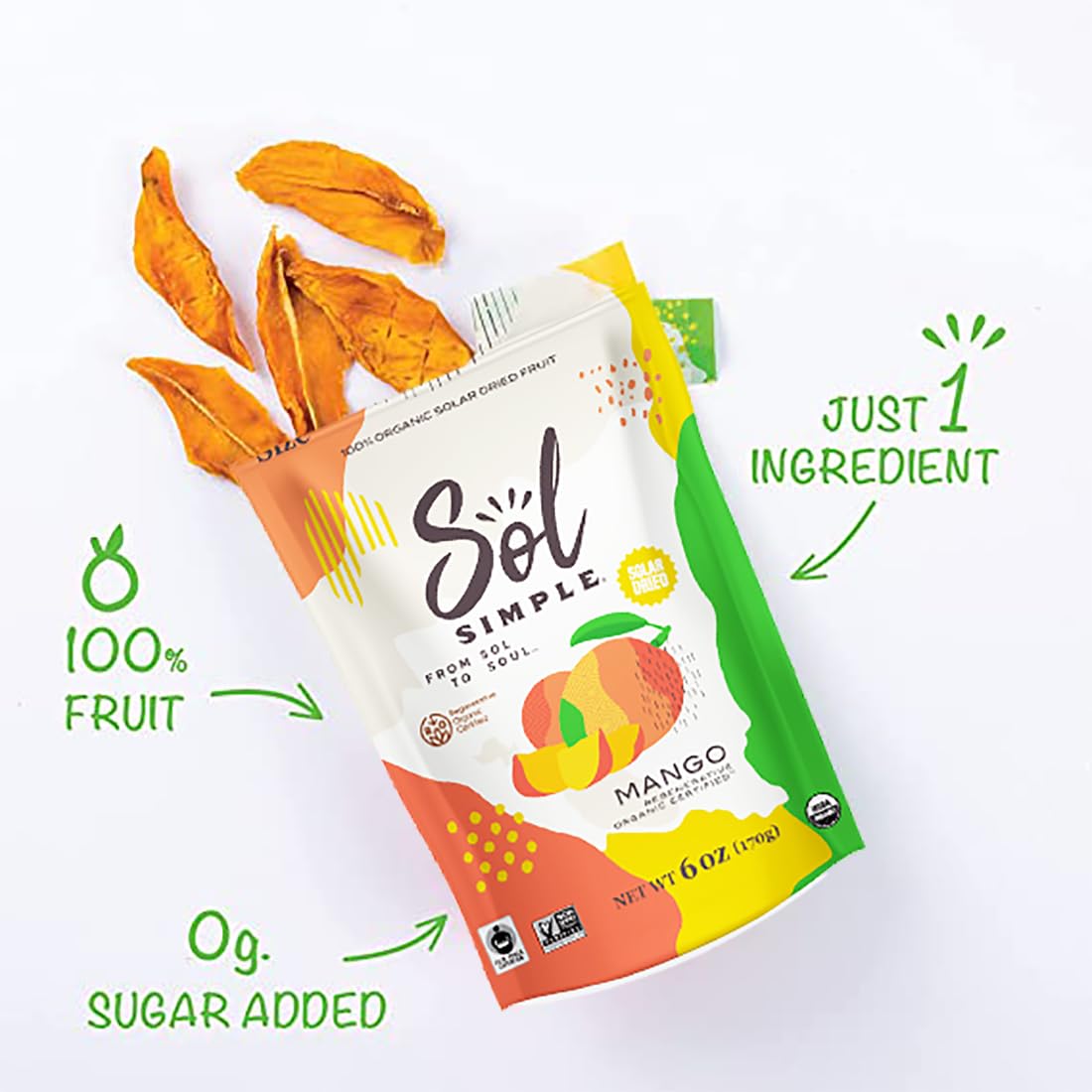 Sol Simple Organic Dried Mango | 6Oz Snack Pack (2 Bags Total) | One Ingredient | Vegan | Non-Gmo | No Added Sugar | Fair Trade | Dried Fruit | Mango