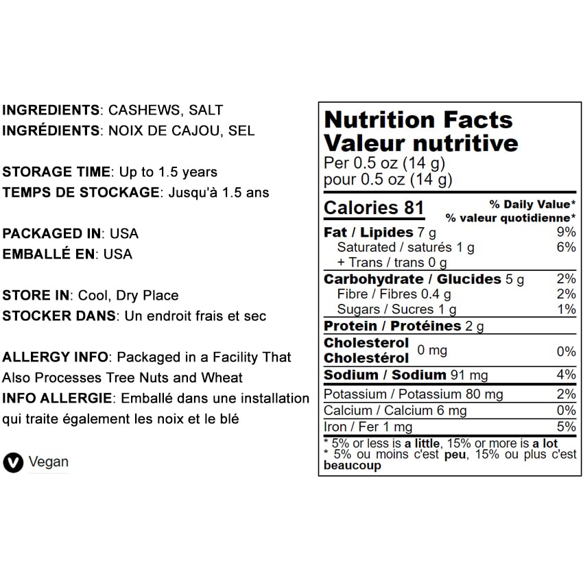 Food to Live Dry Roasted Cashew Pieces, Lightly Salted, 8 Ounces, Vegan Snack, Keto, Kosher, No Oil Added