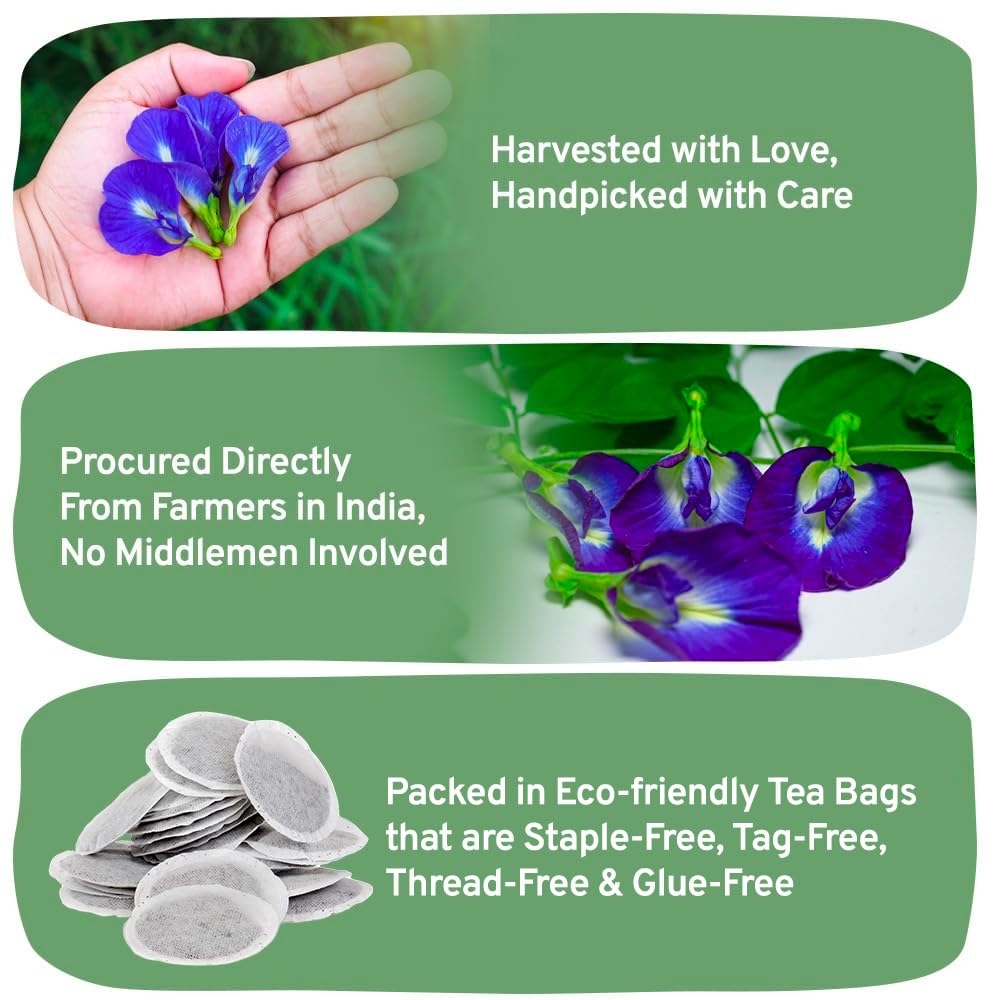 HANDPICK Butterfly Pea Flower Tea - 100 Herbal Tea Bags, Caffeine Free, Non-GMO, Premium Dried Flowers for Blue & Purple Drinks