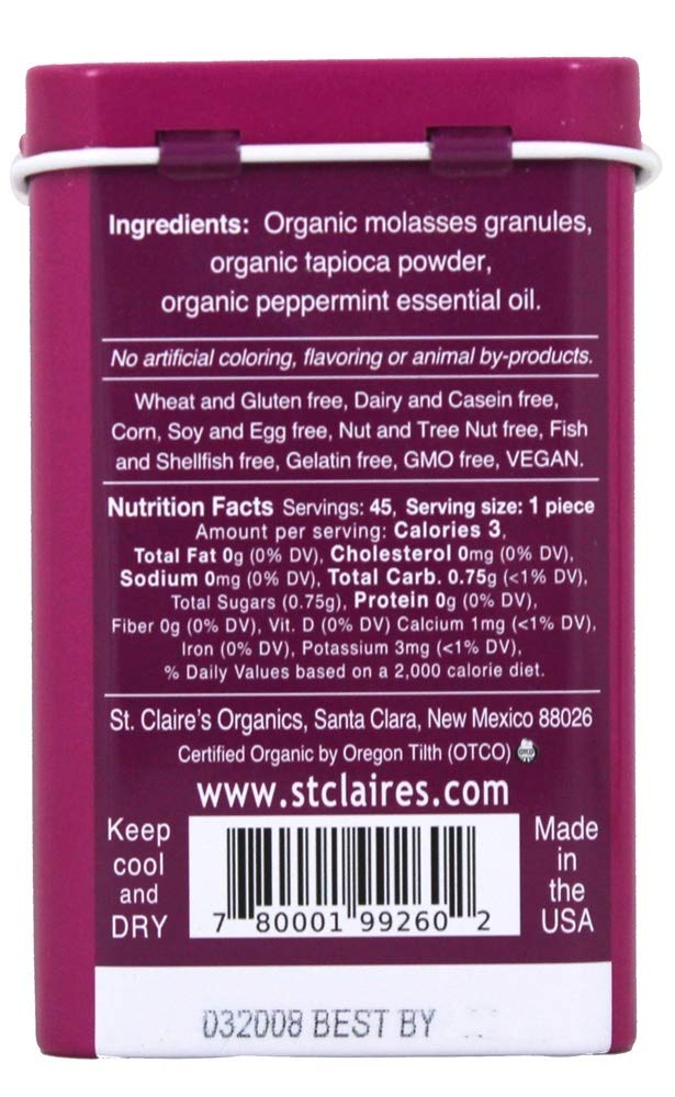 Organic Premium Peppermint Mints St.Claires Organics 1.5 Oz Tin