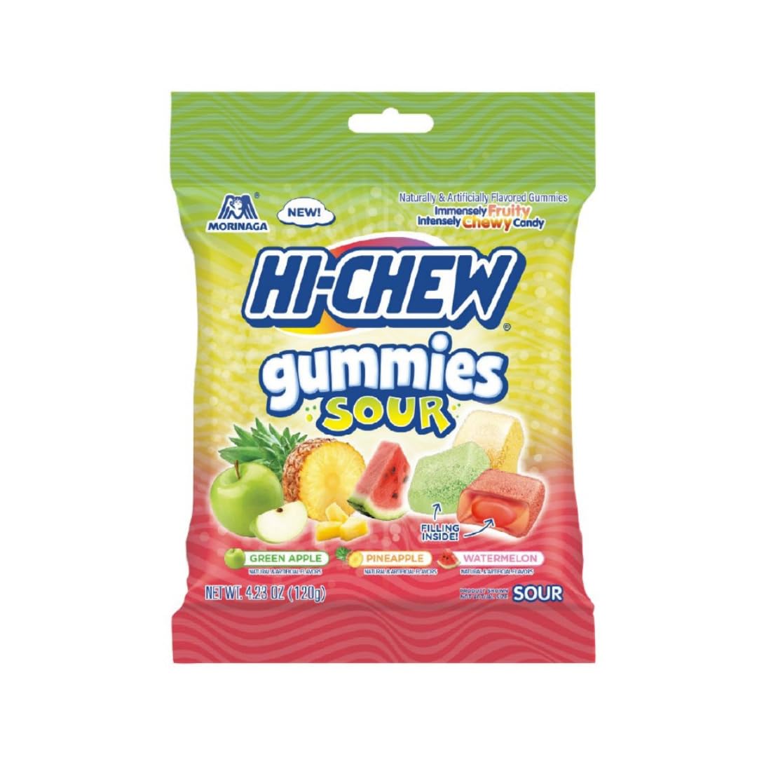 HI-CHEW GUMMIES Sour Candy Bag of 9, 4.23 oz each, Green Apple Pineapple Watermelon Gummy Candy, Unique Fun Soft & Chewy, Immens