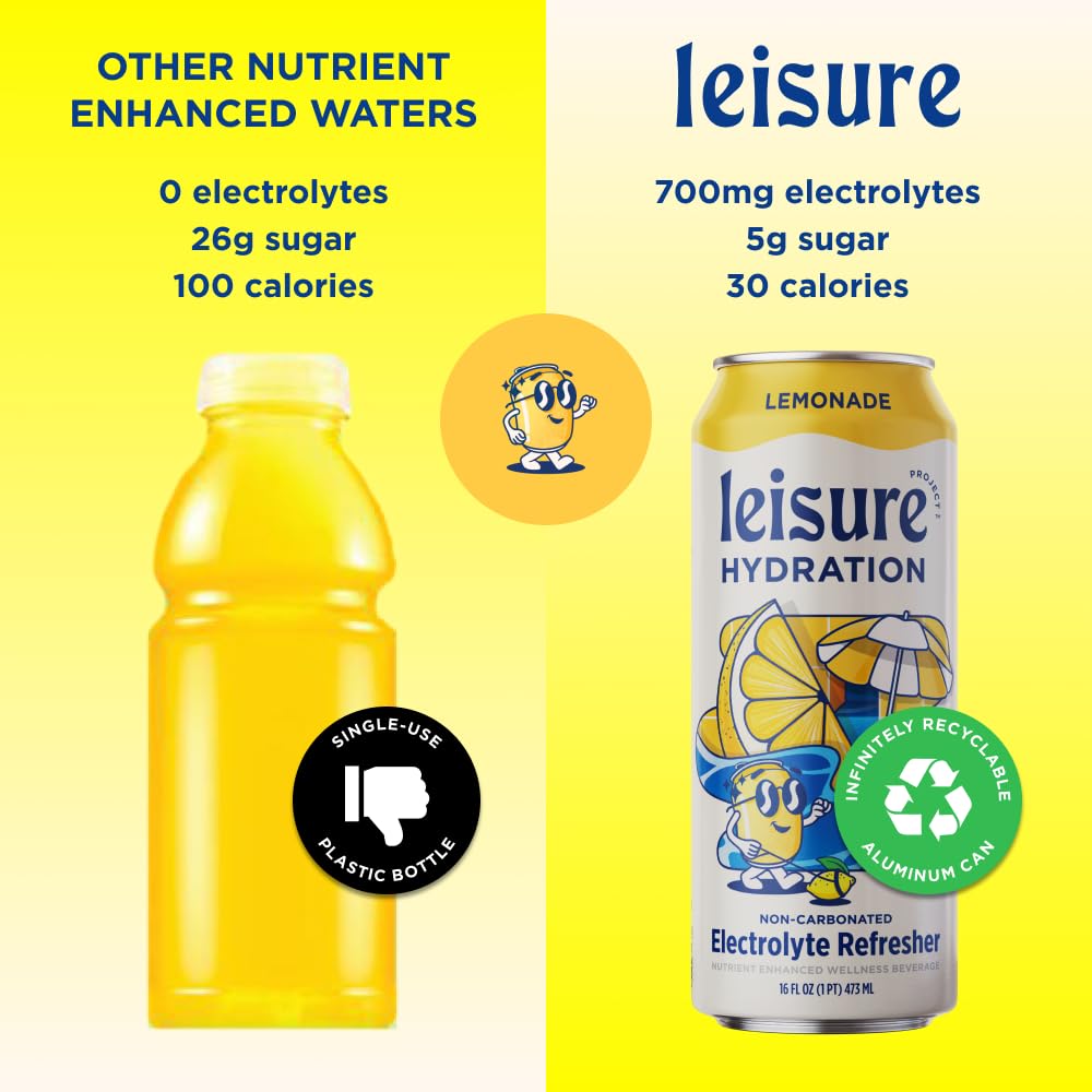 Leisure Drinks - Lemonade Electrolyte Drink [Electrolyte Refresher - 16oz Cans, 12pk] - Low Sugar Lemonade Hydration Drink - Hea