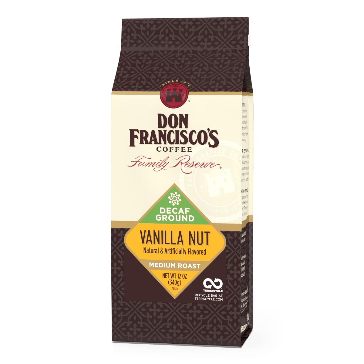 Don Franciscos Decaf Vanilla Nut Ground Coffee, Medium Roast, 12 oz, Flavored Decaf, 100% Arabica