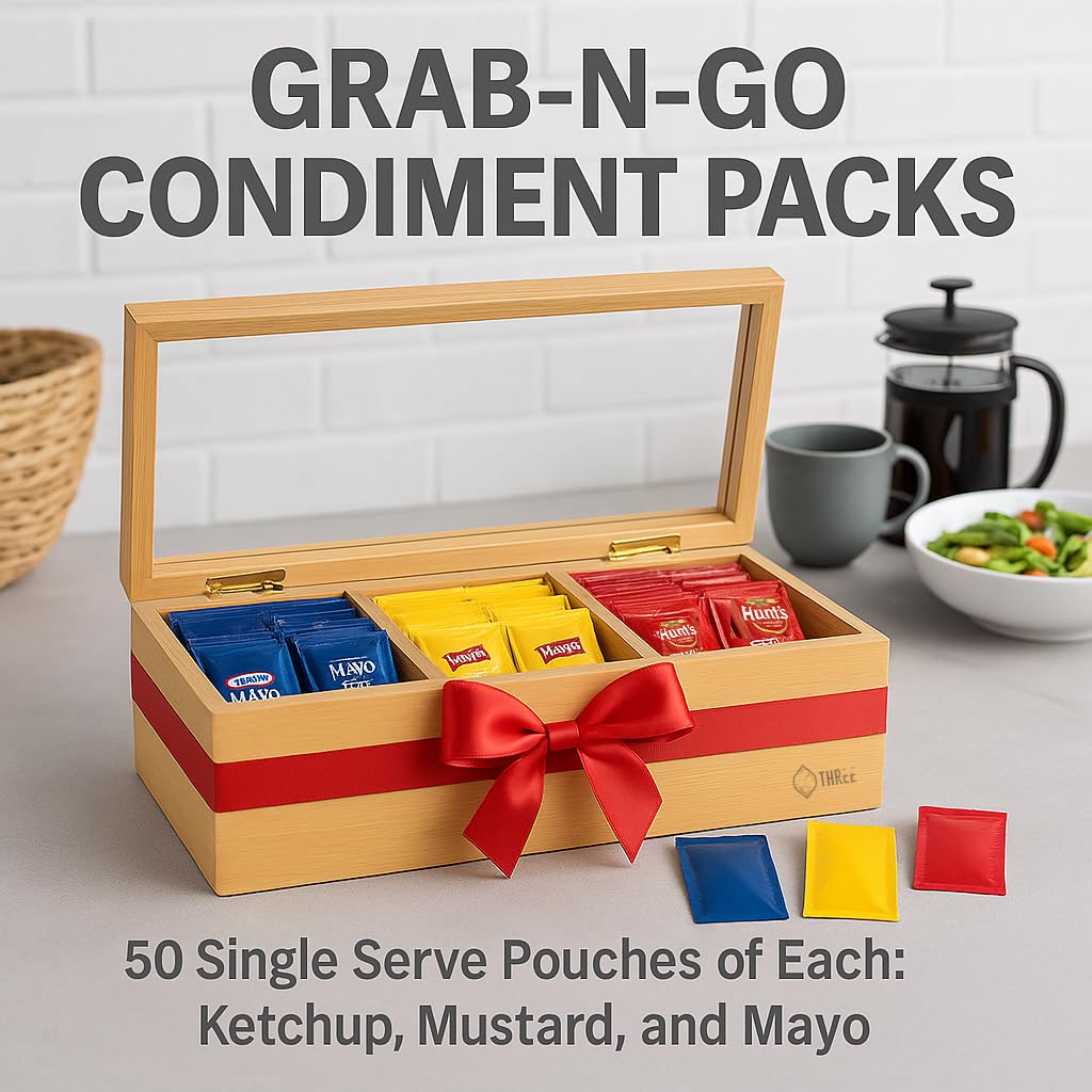 US THREE Grab-n-Go Condiment Packs - 150 Single Serve Pouches (Ketchup, Mustard, Mayo) - Dispenser Box, Ideal for Picnics and Parties