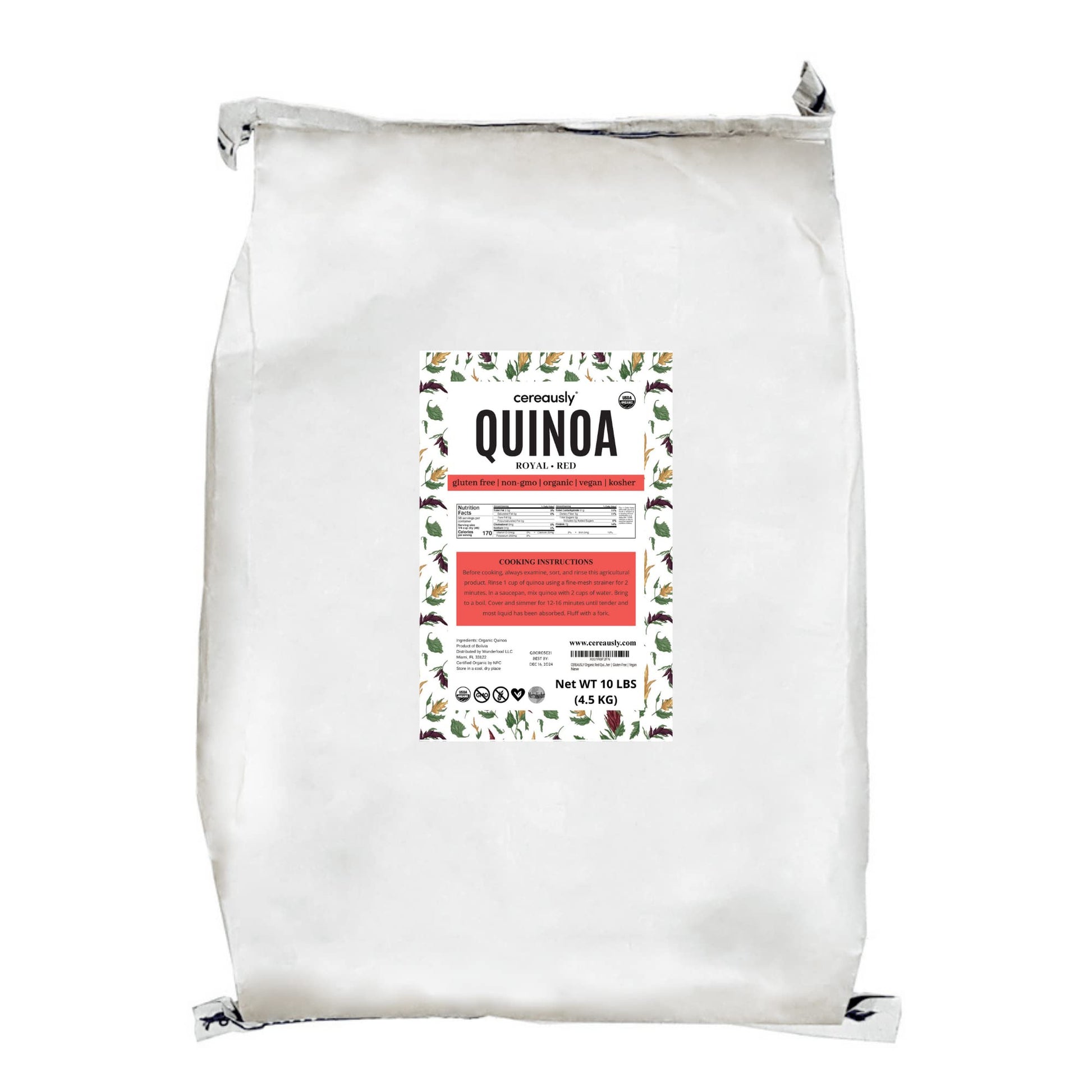 Cereausly Organic Red Quinoa Bulk – Vegan, Gluten-Free, Kosher – 10 LB