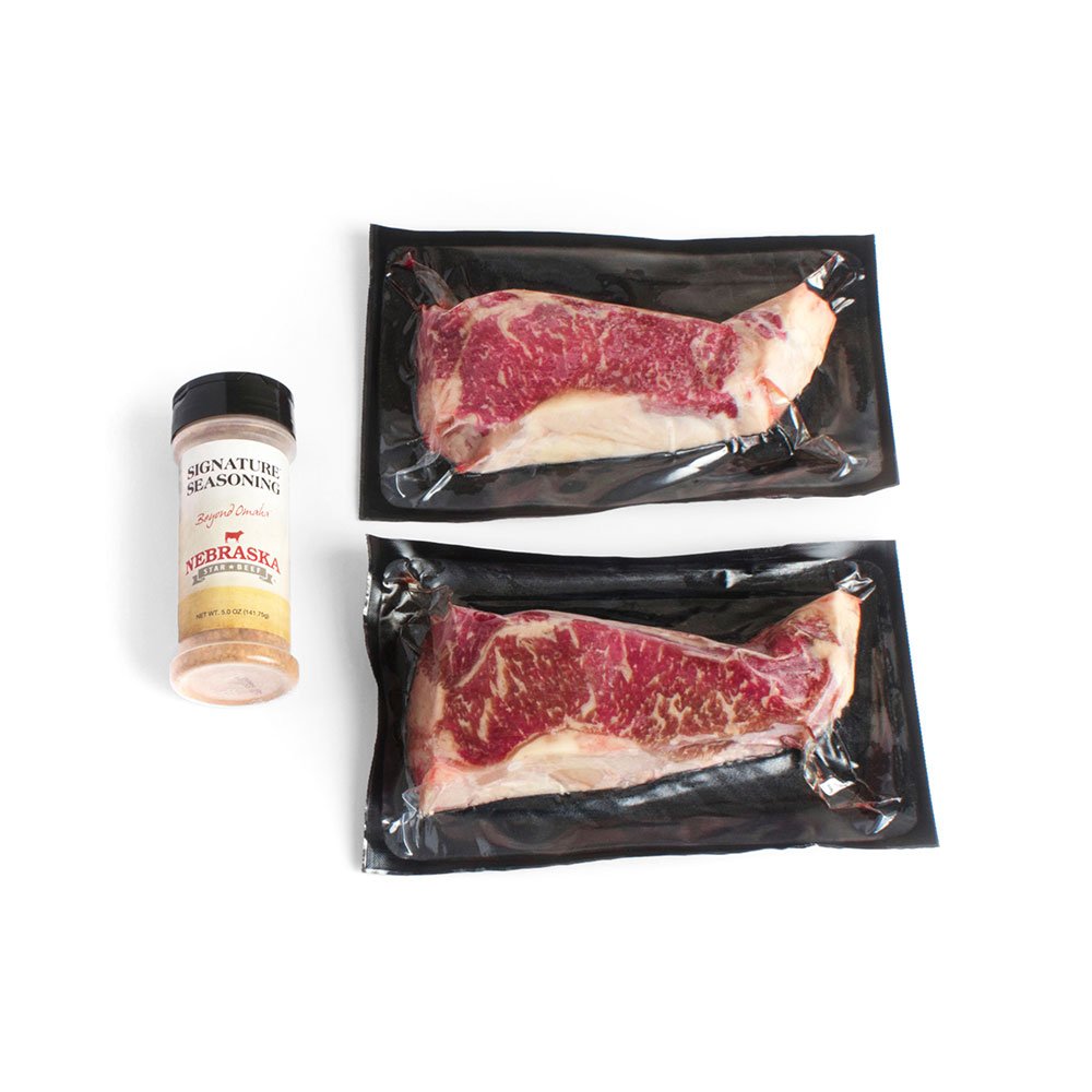 Nebraska Star Beef USDA Prime Aged Angus New York Strip with Signature Seasoning - 28 oz (2x 12oz Strips, 1x Seasoning Bottle)