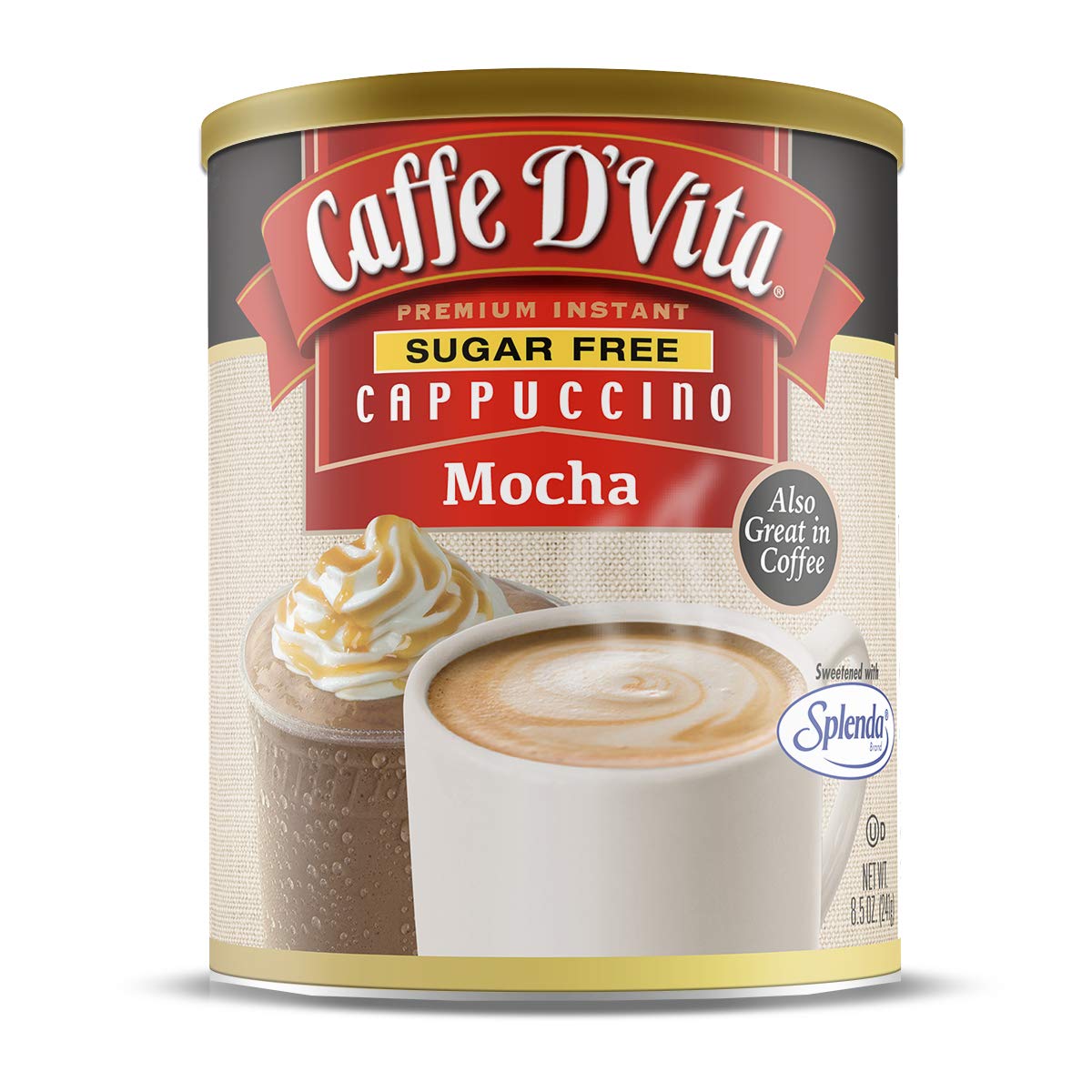 Caffe DVita Sugar Free Mocha Cappuccino Instant Coffee Mix, Gluten Free, 8.5 Oz Can