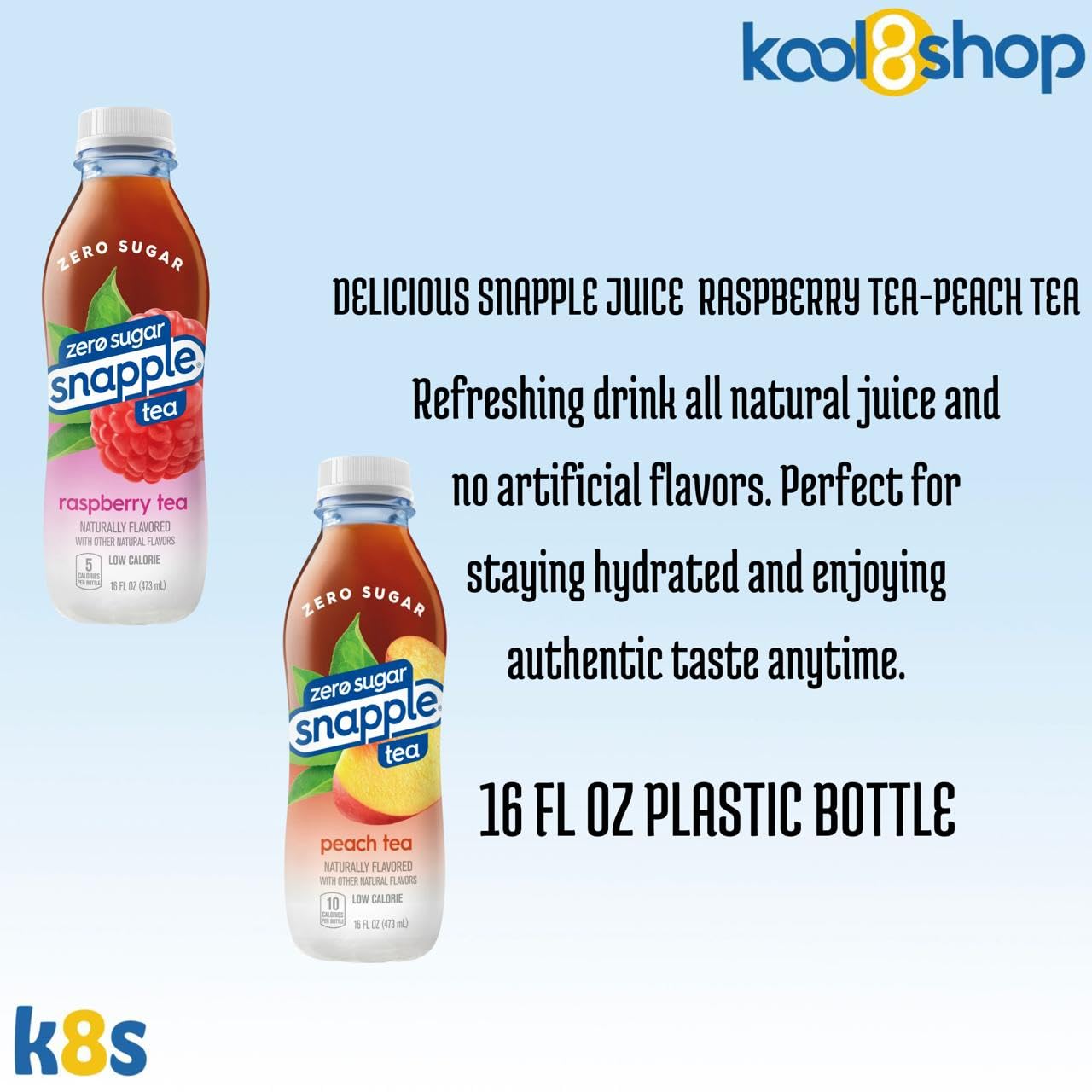 Snapple Zero Sugar Variety Pack All Natural Iced Tea 16 Fl Oz Plastic Bottles 16 Pack + 15 Sugarcane Disposable Straws By Kool8S