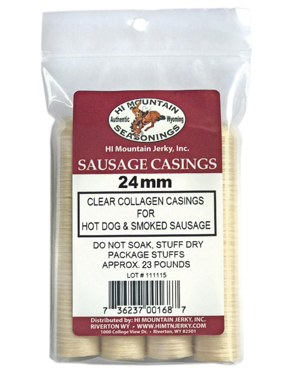 Hi Mountain Hot Dog Casings, Clear Edible Collagen, 24mm Size, Great for Sausages, Beef, Pork, Venison, Creates up to 30 lbs.