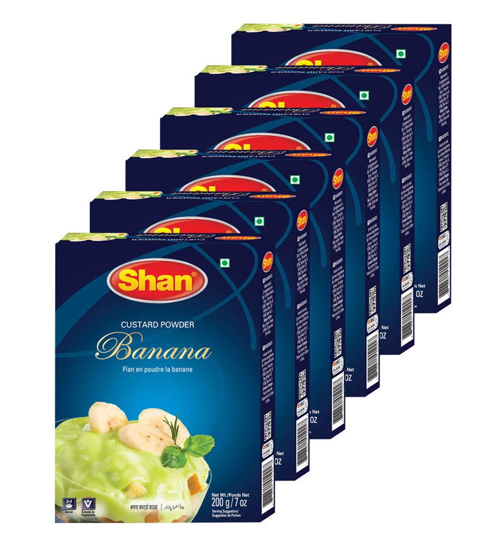 Shan Custard Powder Banana - Essential Dessert, Pack of 6, 7 oz (200g), Vegetarian Friendly, Airtight Bag in a Box