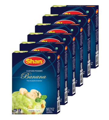 Shan Custard Powder Banana - Essential Dessert, Pack of 6, 7 oz (200g), Vegetarian Friendly, Airtight Bag in a Box