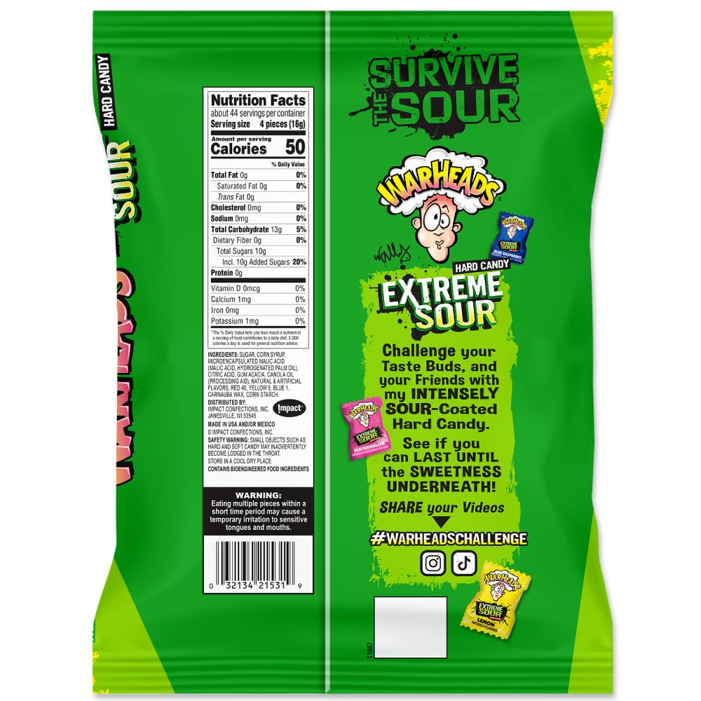 Warheads Extreme Sour Hard Candy 175 Pieces Assorted Flavors - 25 oz bag
