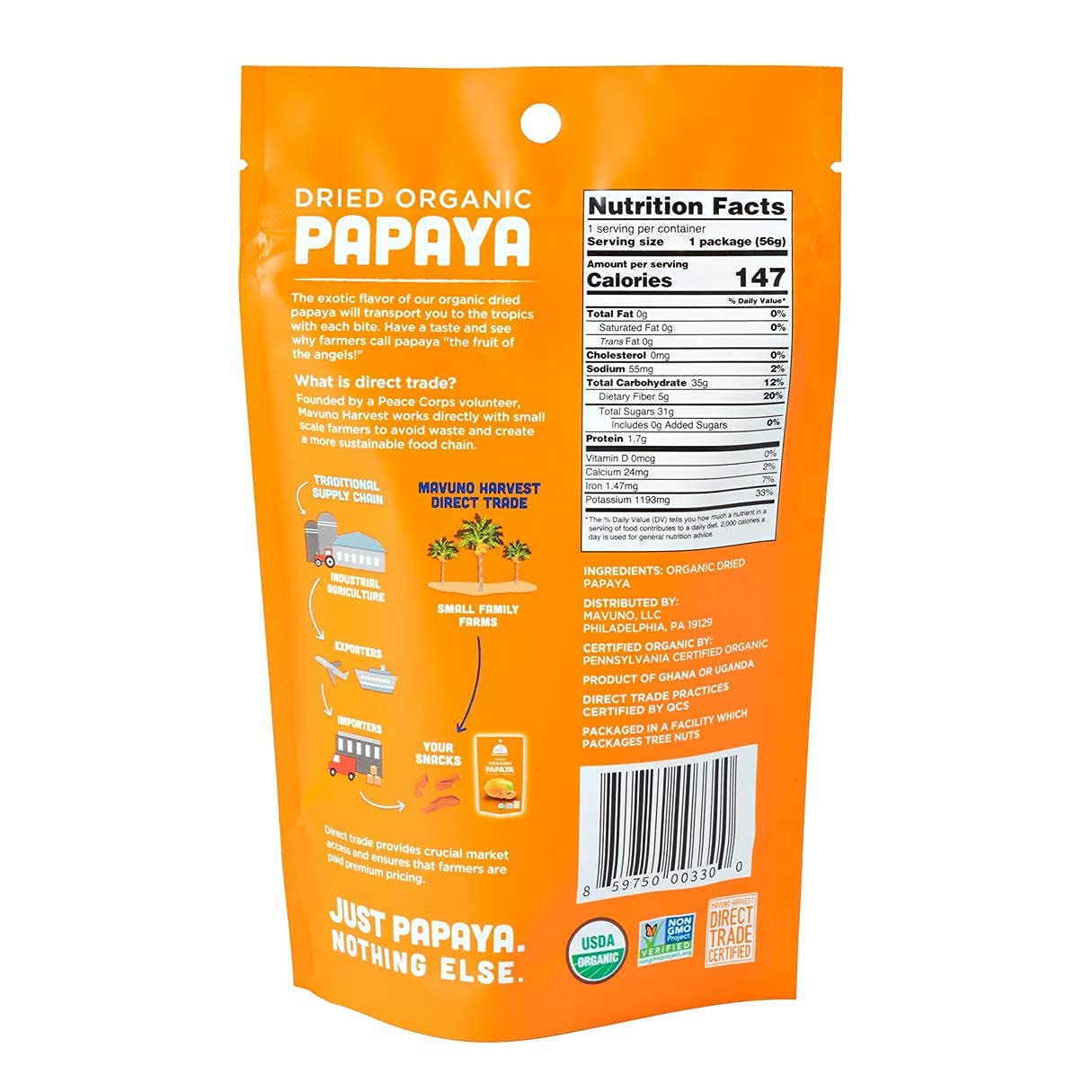 Mavuno Harvest Organic Dried Papaya Snacks, Gluten Free, Vegan, Non-GMO, 2 Ounce (Pack of 6)